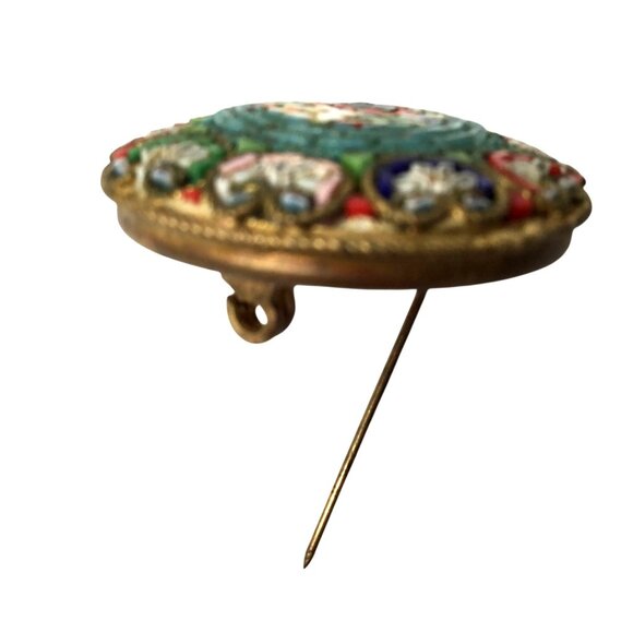 Vintage Italian Micro Mosaic Brooch Floral Round Millefiori Pin Italy Gold-Tone - Picture 10 of 10